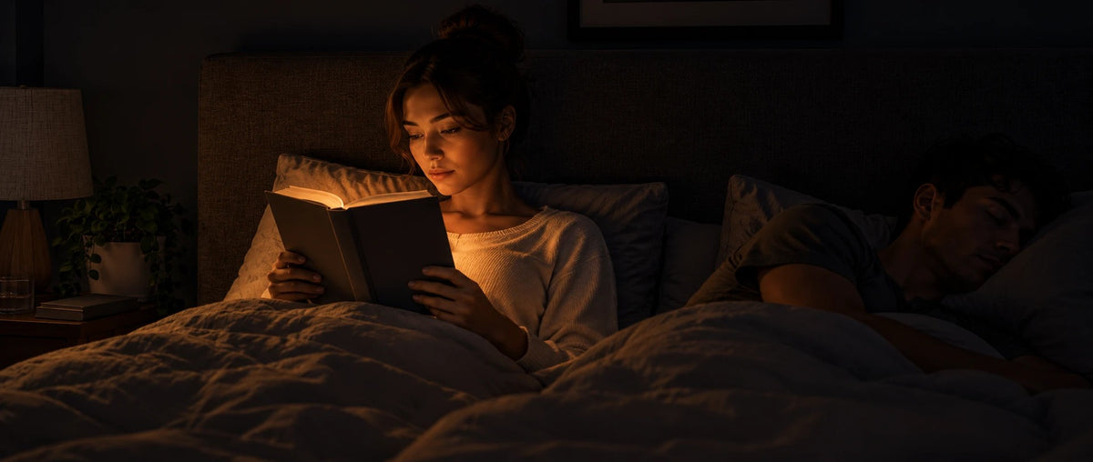 Dunkles Schlafzimmer, Nachttischlampe aus, nur die Buchseite leuchtet, der Partner schläft