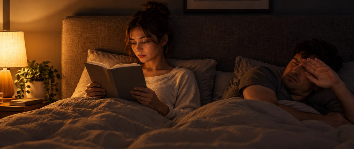 Paar im Bett, eine Person liest bei Nachttischlampe, die andere wacht auf