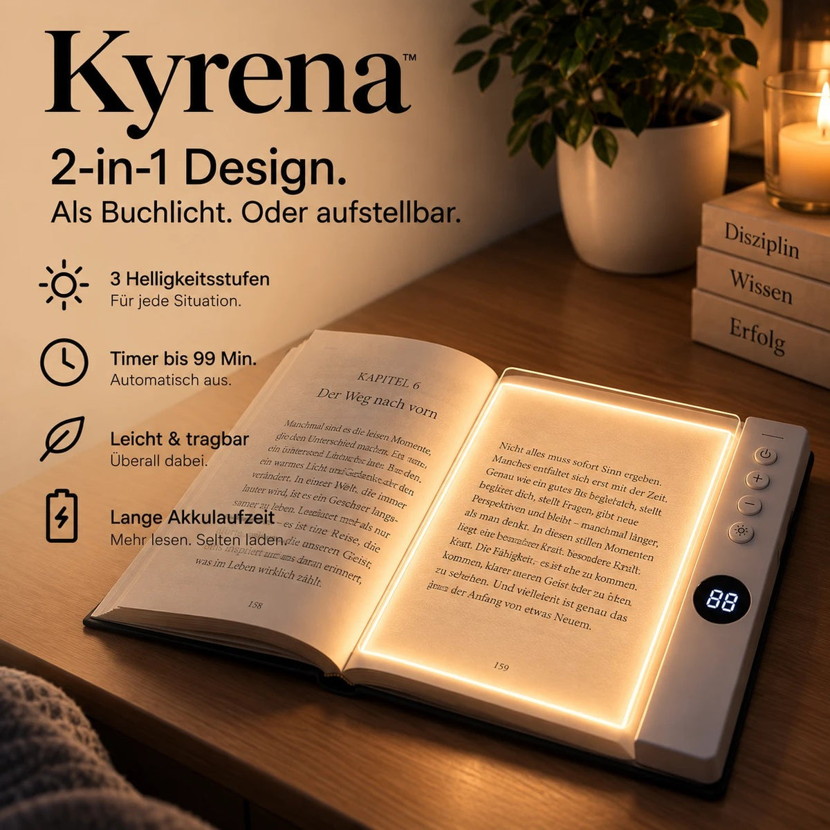 Kyrena 2-in-1: als Buchlicht oder aufgestellt