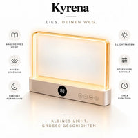 KYRENA Leselicht mit Uebersicht der Eigenschaften: angenehmes Licht, augenschonend, 3 Lichtfarben, stufenlos dimmbar, Timer