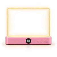 KYRENA Leselicht in Rosa, Vorderansicht – flache LED-Leuchtplatte mit Display, Dimmer und Timer