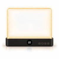 KYRENA Leselicht in Schwarz, Vorderansicht – flache LED-Leuchtplatte mit Display, Dimmer und Timer