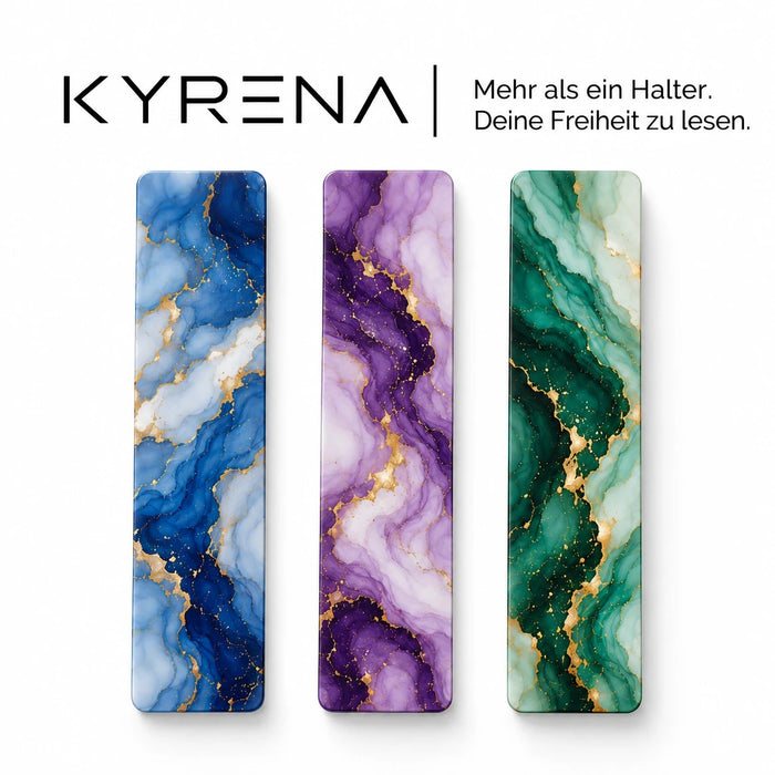 Kyrena Lesezeichen im Marmor-Look, drei Motive in Blau, Lila und Grün