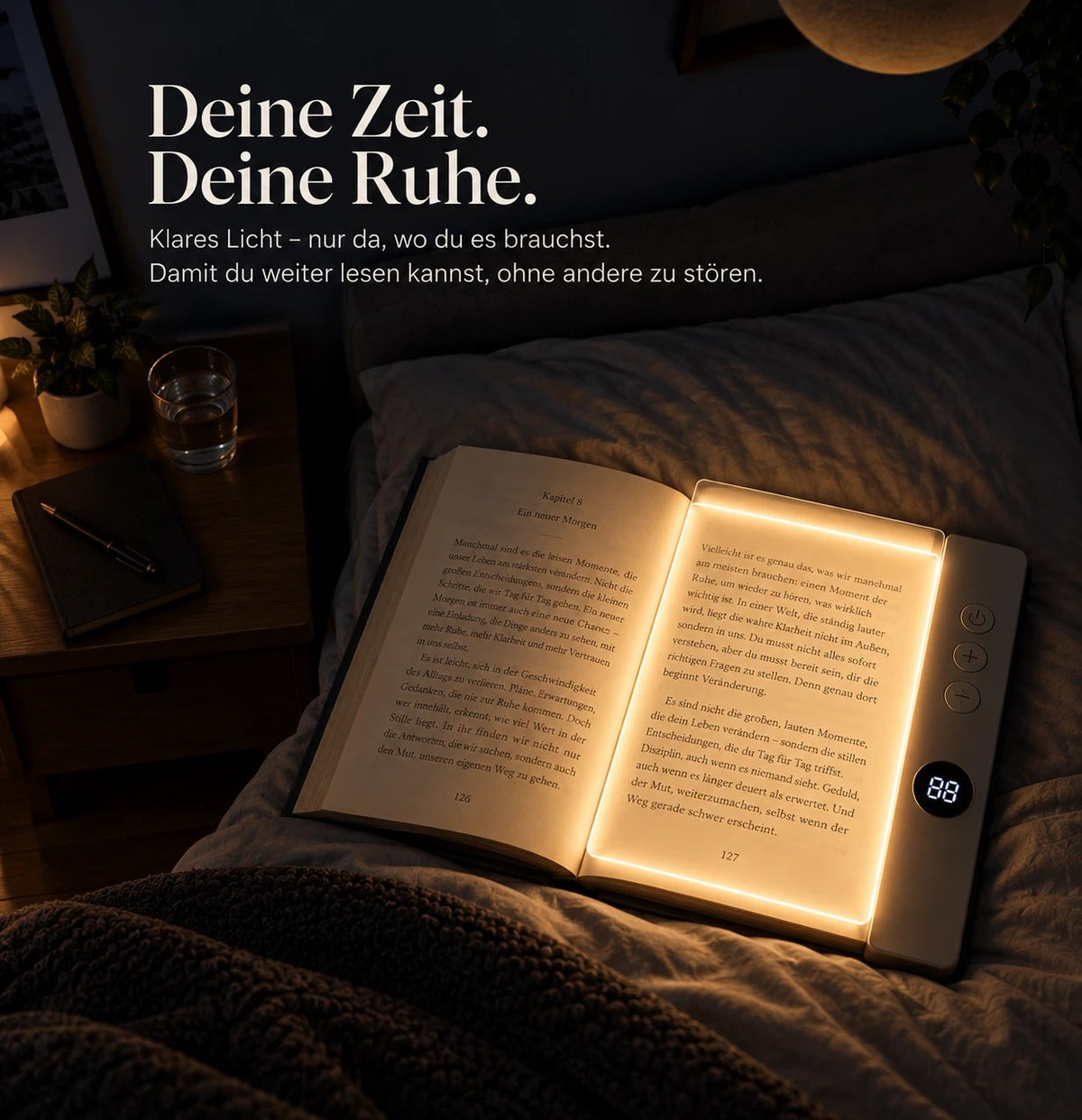 Dunkles Schlafzimmer - nur die Buchseite ist beleuchtet